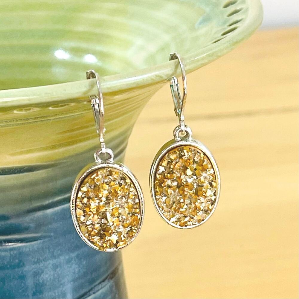 Vtg Joan Rivers Earrings Gold Druzy Quartz Classics Collection SIlver Tone Oval